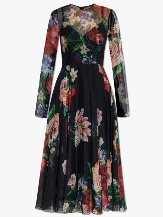 Floral-Print Silk Chiffon Midi Dress with Slip