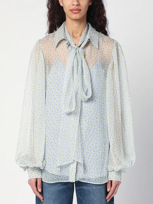 Floral-Print Silk Shirt with Long Tied Bow - S - Tops