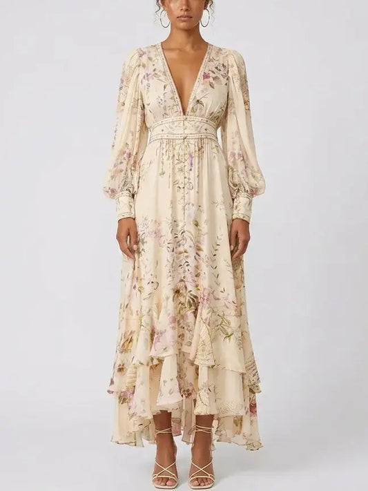 Floral-Print Silk V-Neck Maxi Dress with Crystal Details - XS - Dresses