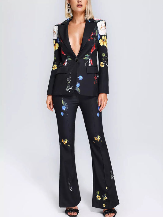 Floral-Print Black Blazer and Pant Suit