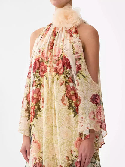 Floral-Print Cold-Shoulder Silk Dress - Dresses