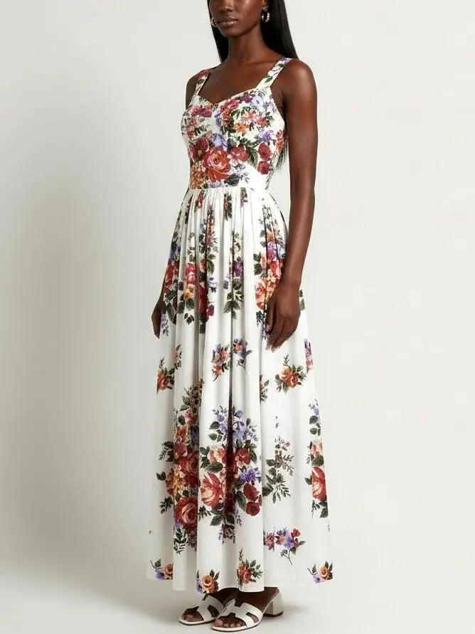 Floral-Print Cotton Maxi Dress in White - Dresses