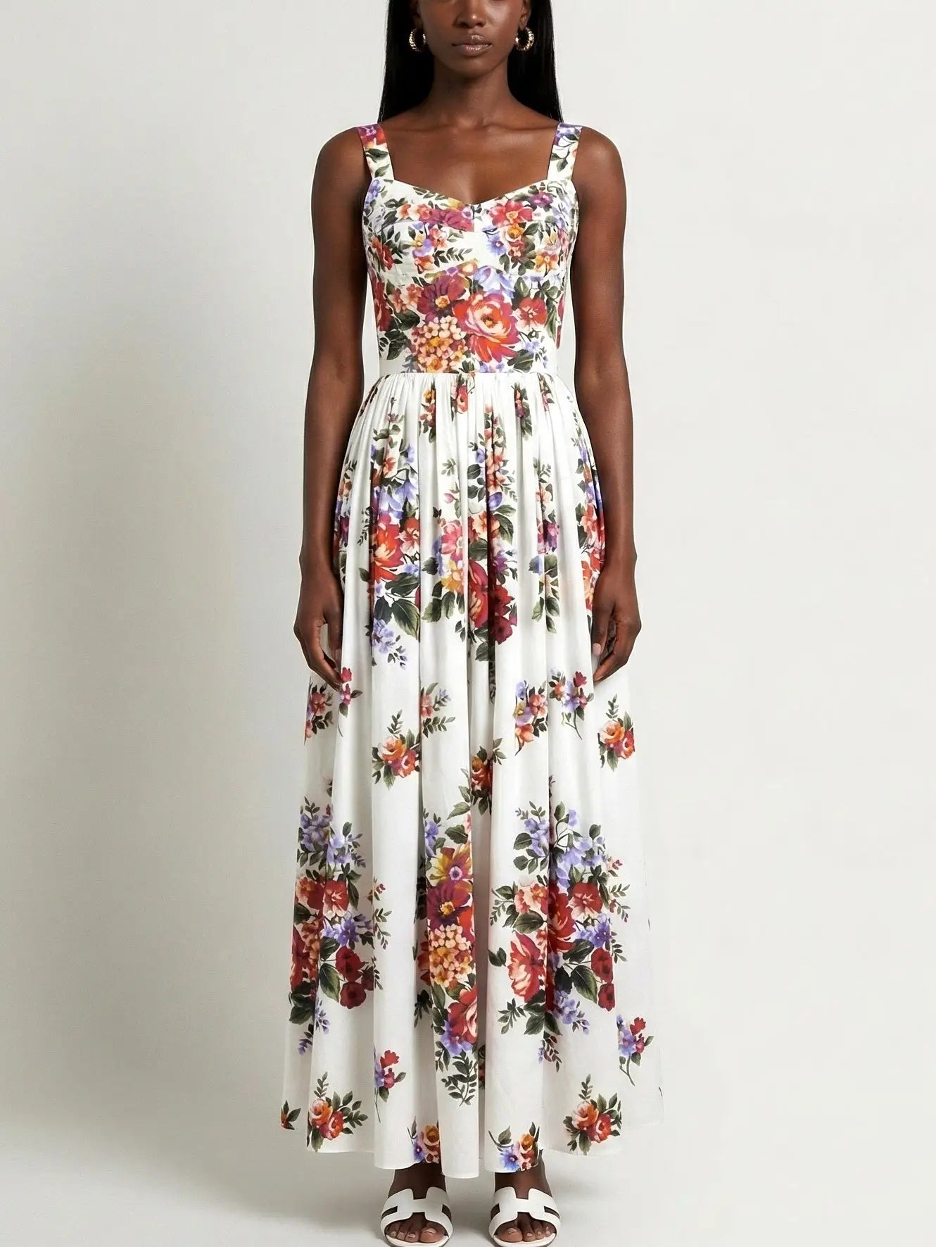 Floral-Print Cotton Maxi Dress in White - Dresses