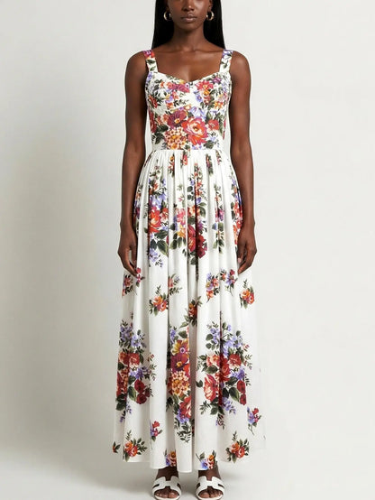 Floral-Print Cotton Maxi Dress in White - Dresses