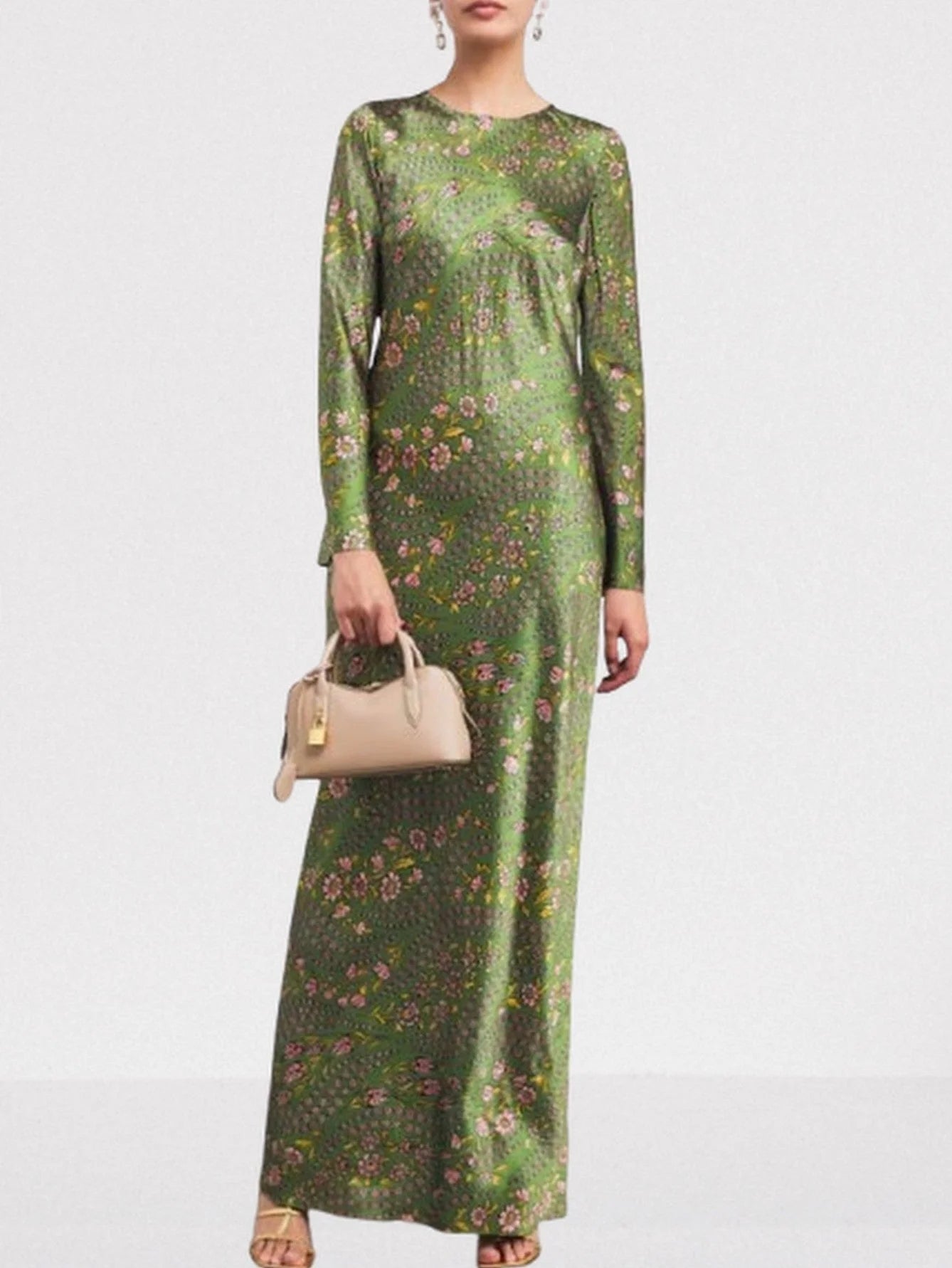 Floral-Print Long Green Silk-Blend Gown - Dresses