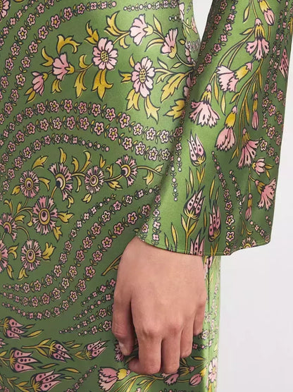 Floral-Print Long Green Silk-Blend Gown - Dresses