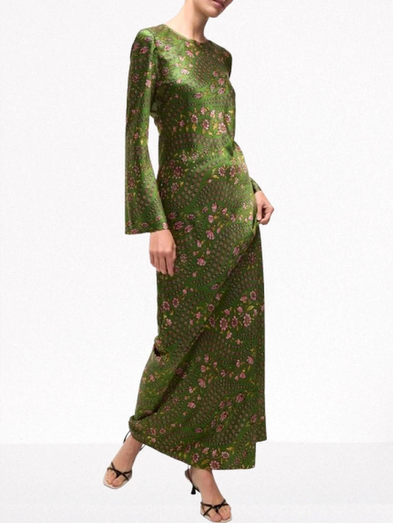 Floral-Print Long Green Silk-Blend Gown - Dresses