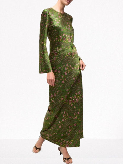 Floral-Print Long Green Silk-Blend Gown - Dresses