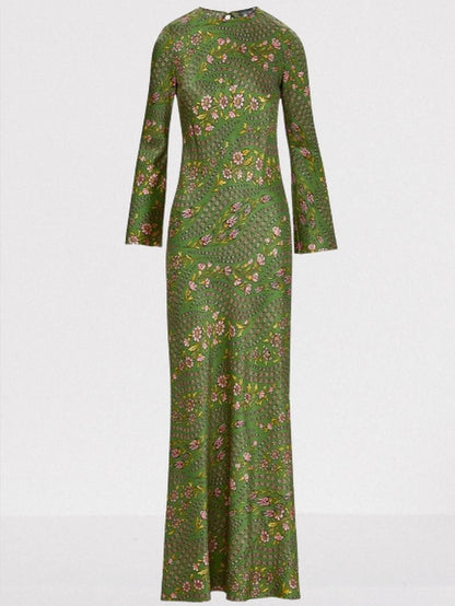 Floral-Print Long Green Silk-Blend Gown - Dresses