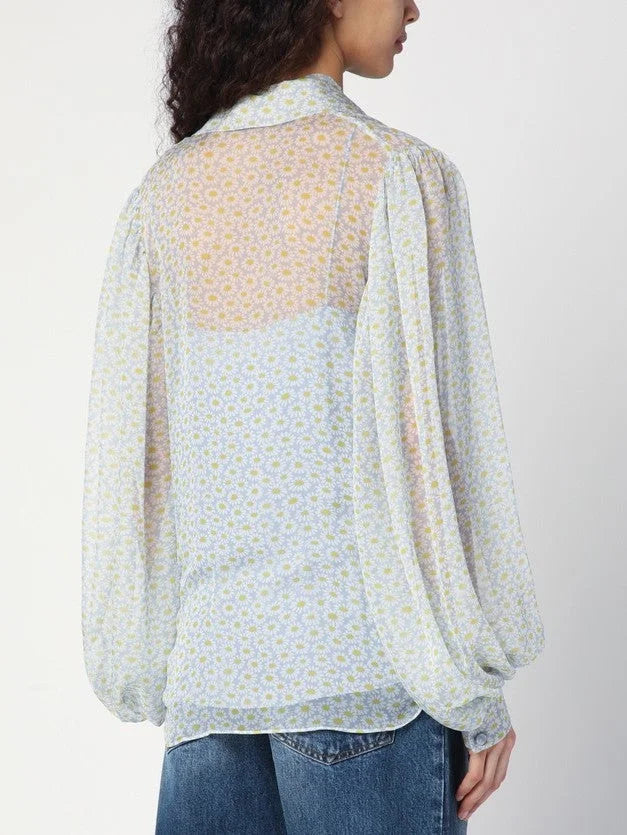Floral-Print Silk Shirt with Long Tied Bow - Tops