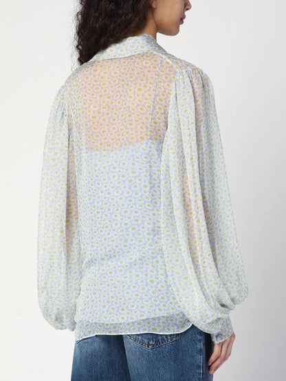 Floral-Print Silk Shirt with Long Tied Bow - Tops