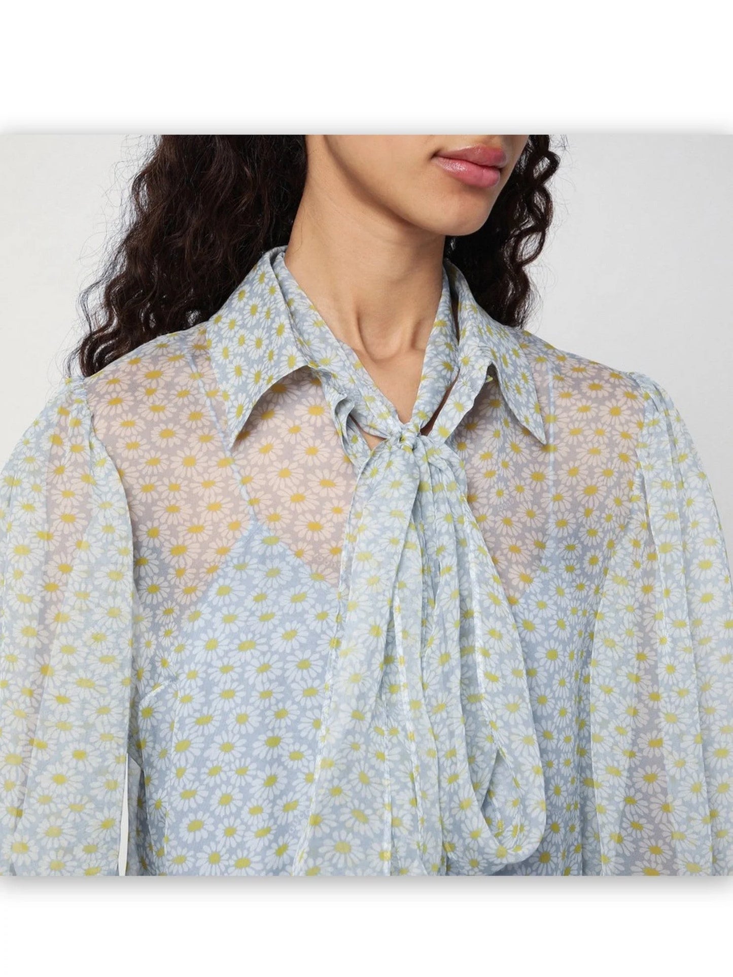 Floral-Print Silk Shirt with Long Tied Bow - Tops