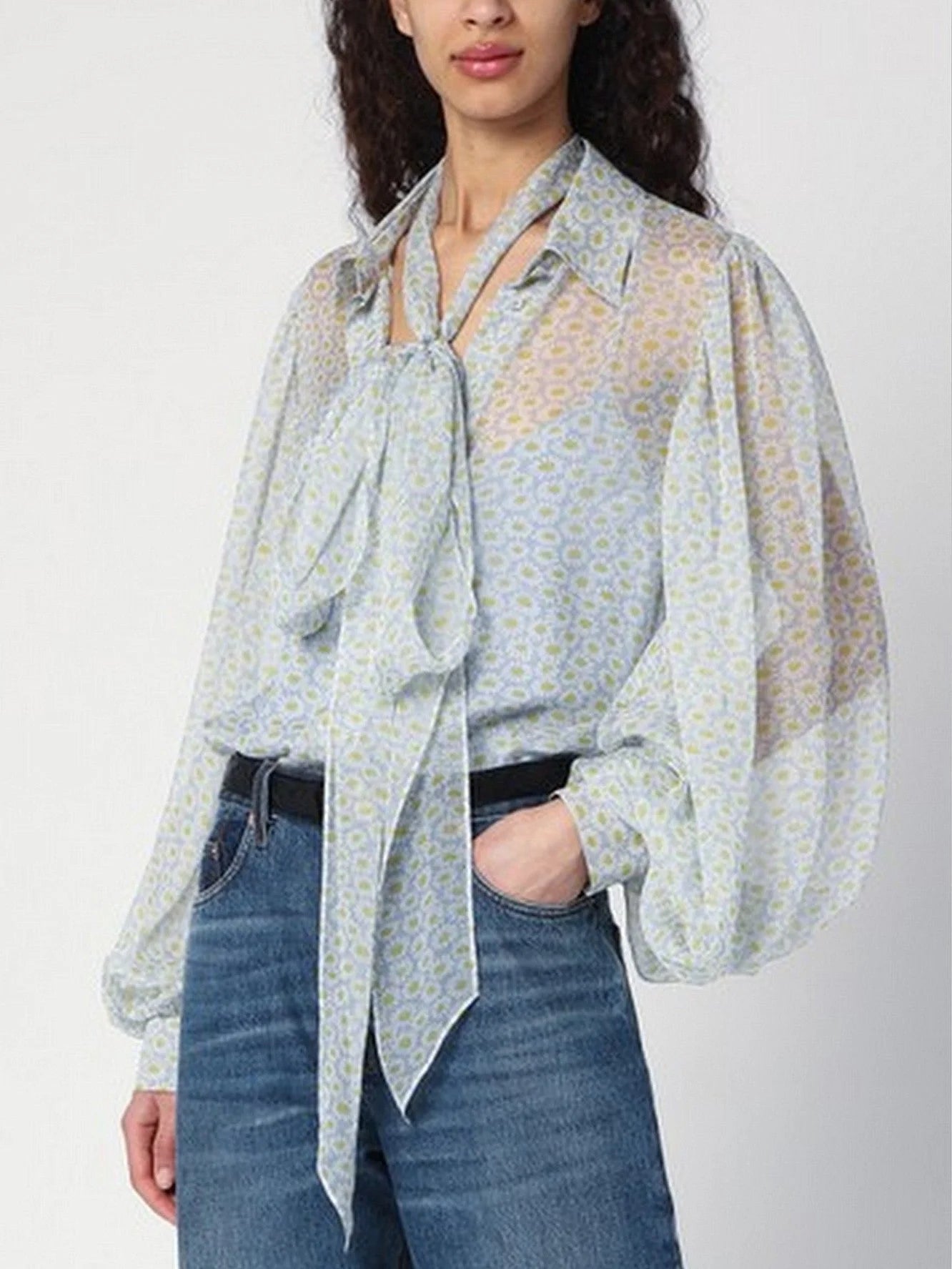 Floral-Print Silk Shirt with Long Tied Bow - Tops