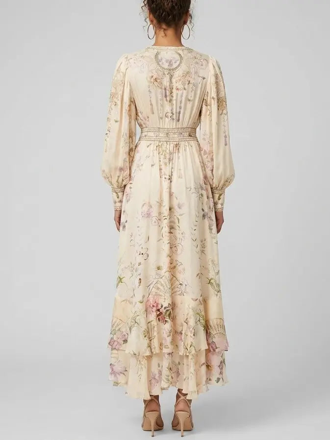 Floral-Print Silk V-Neck Maxi Dress with Crystal Details - Dresses
