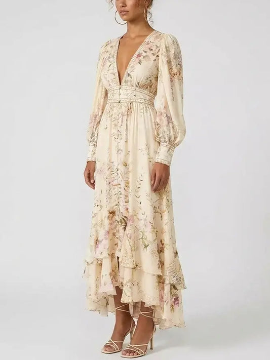 Floral-Print Silk V-Neck Maxi Dress with Crystal Details - Dresses