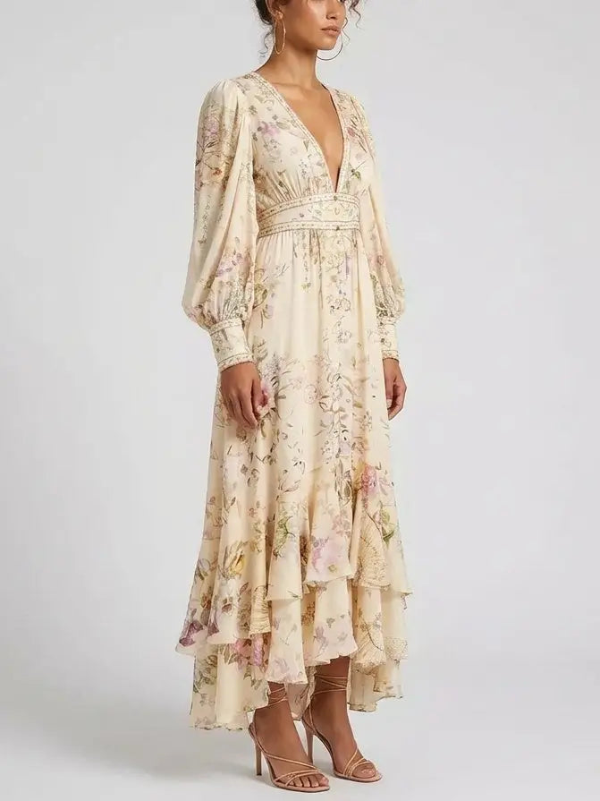 Floral-Print Silk V-Neck Maxi Dress with Crystal Details - Dresses