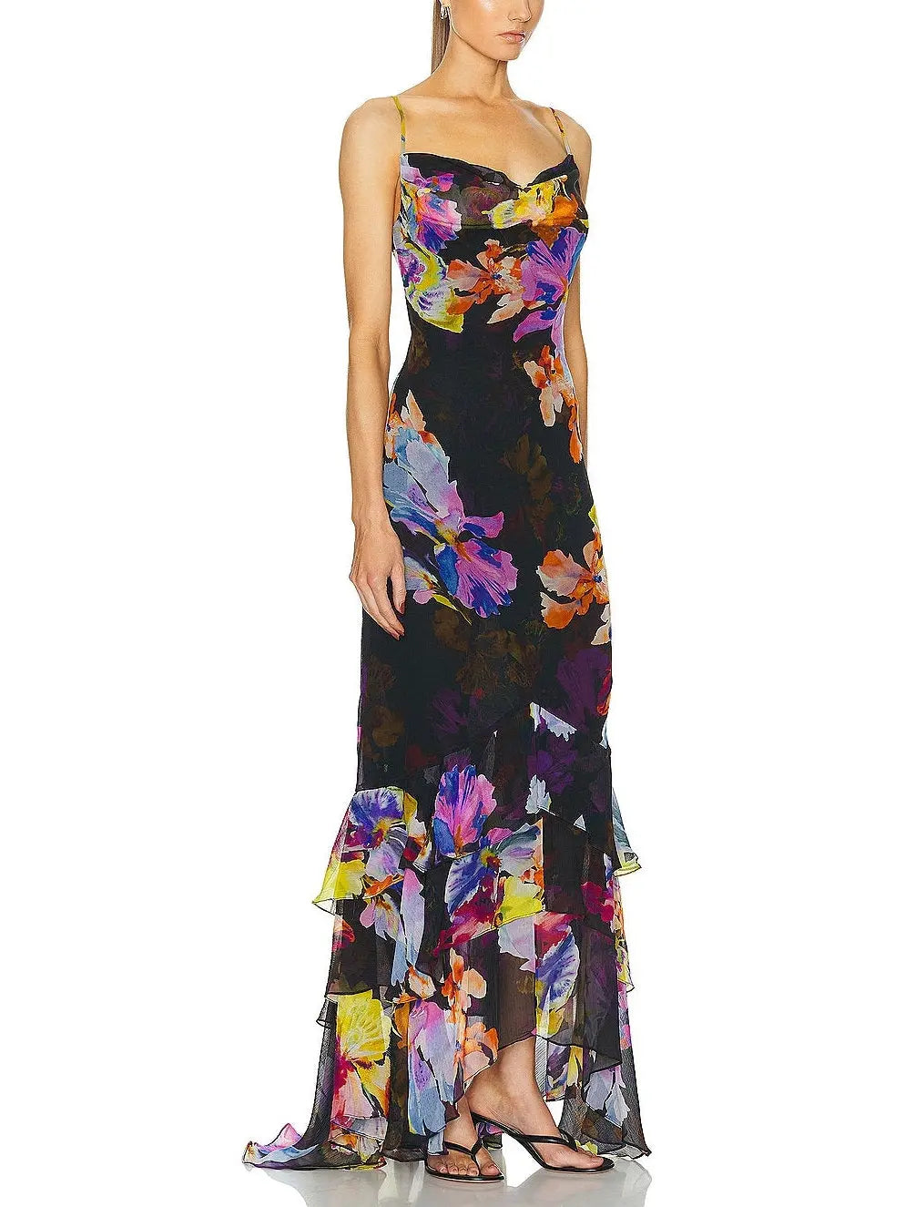 Floral Printed Chiffon Tiered Ruffled Maxi Dress - Branna Couture