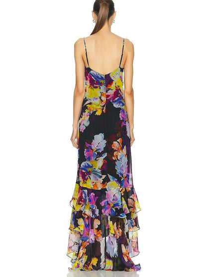 Floral Printed Chiffon Tiered Ruffled Maxi Dress - Branna Couture