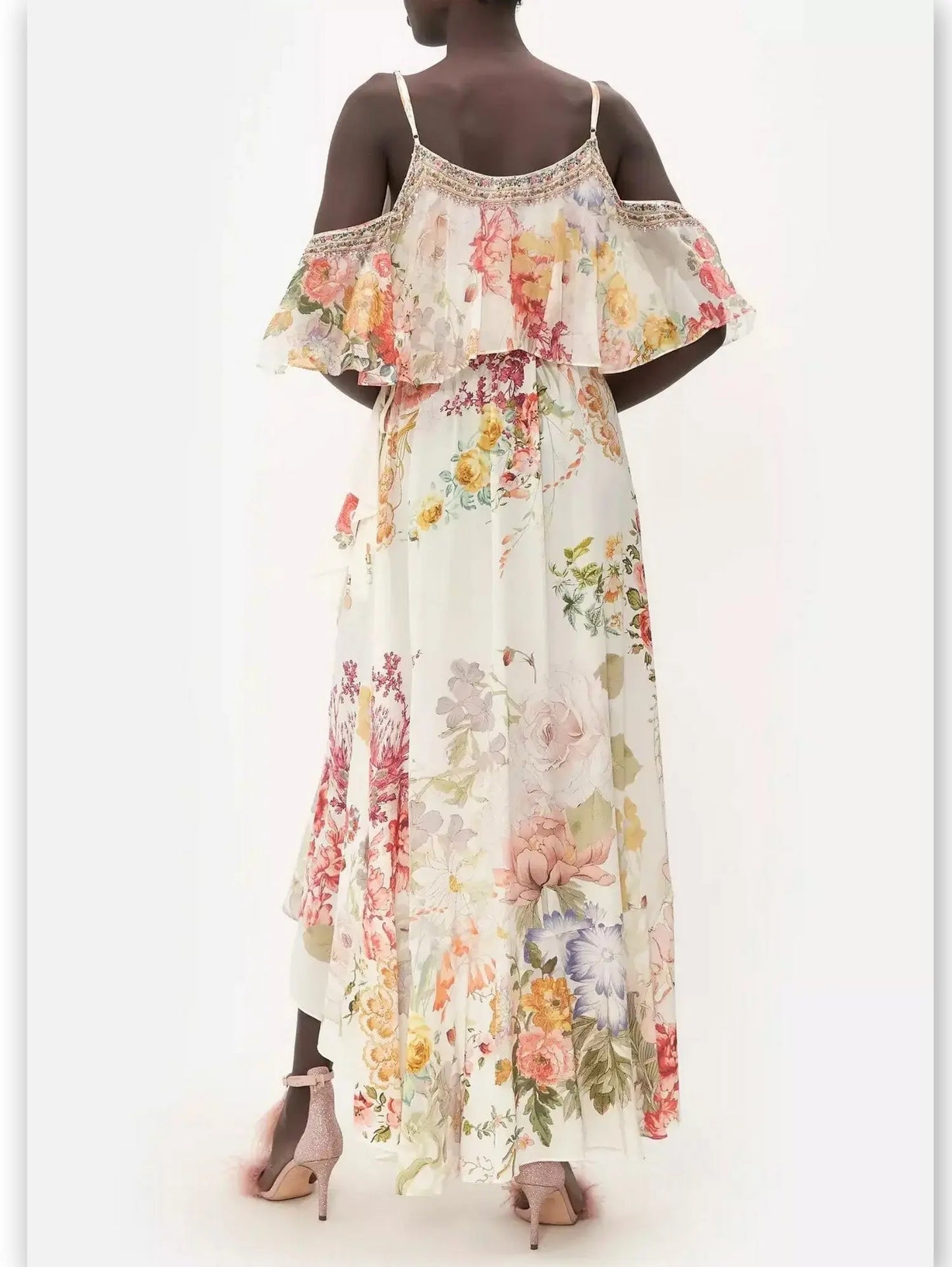 Floral Printed Cold-Shoulder Ruffle Silk Dress - Branna Couture