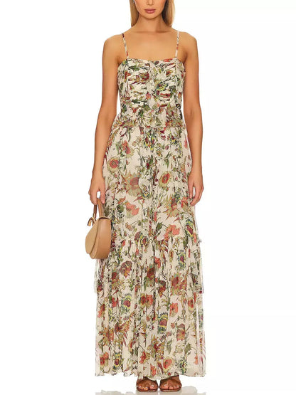 Floral Printed Multicolor Silk Maxi Dress - Branna Couture