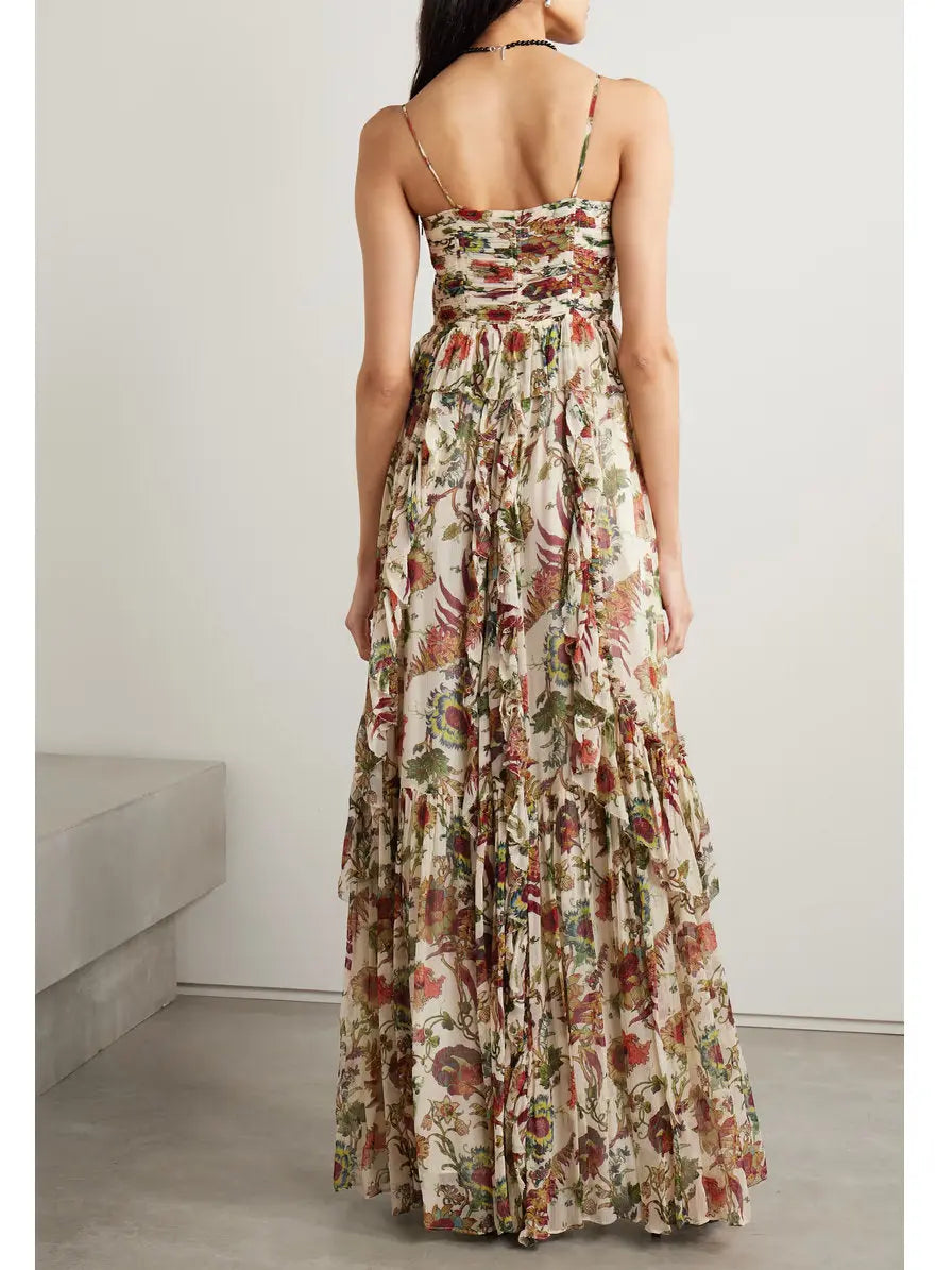 Floral Printed Multicolor Silk Maxi Dress - Branna Couture