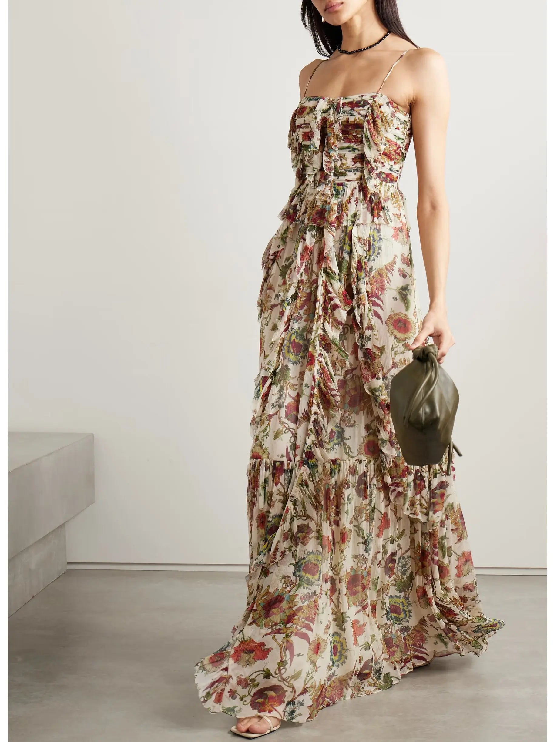 Floral Printed Multicolor Silk Maxi Dress - Branna Couture