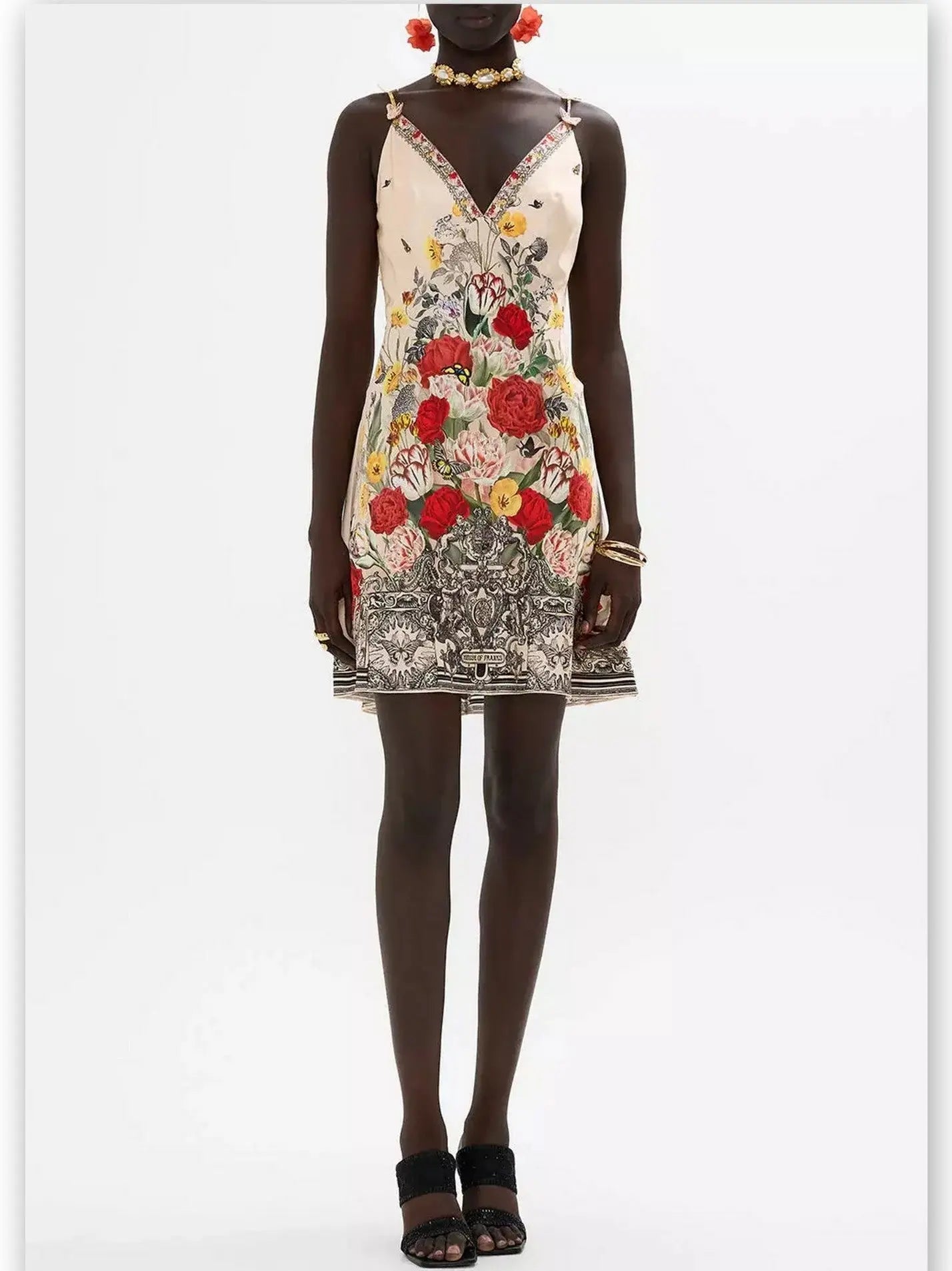 Floral Printed Silk V-Neck Slip Dress with Back Frill - Branna Couture