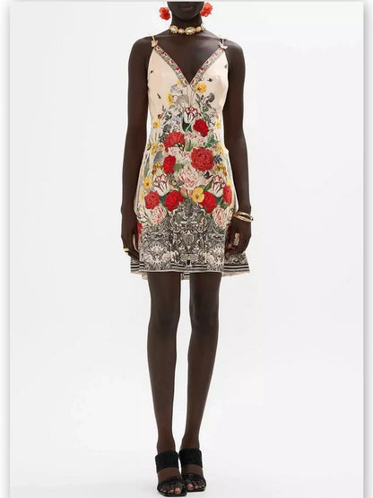 Floral Printed Silk V-Neck Slip Dress with Back Frill - Branna Couture