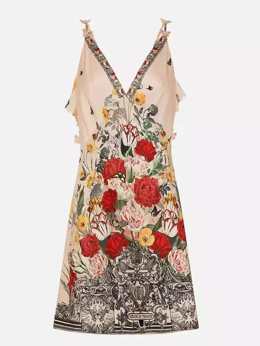 Floral Printed Silk V-Neck Slip Dress with Back Frill - Branna Couture