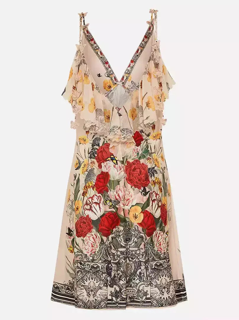 Floral Printed Silk V-Neck Slip Dress with Back Frill - Branna Couture