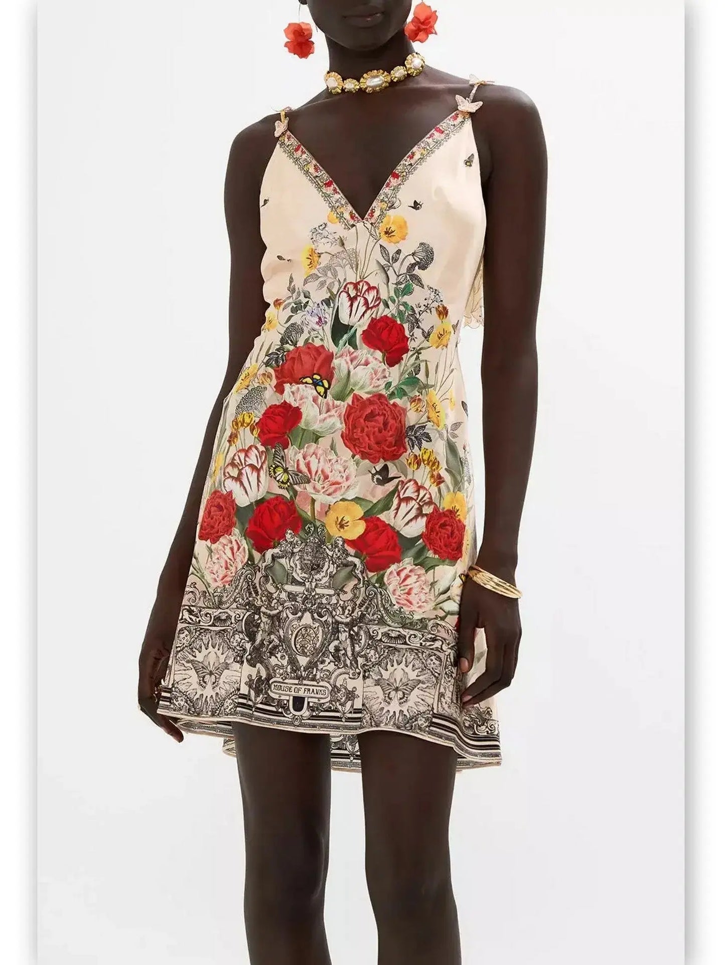 Floral Printed Silk V-Neck Slip Dress with Back Frill - Branna Couture