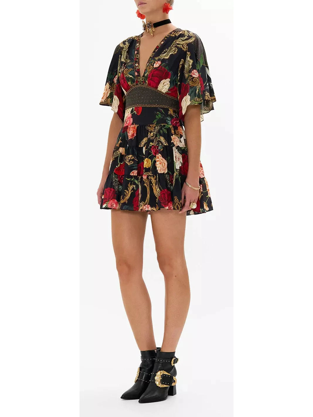 Floral Printed V-Neck Silk Mini Dress - Branna Couture