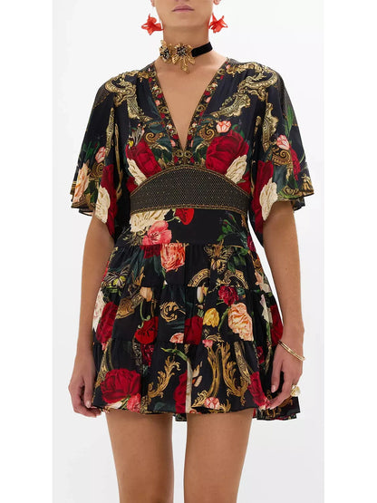 Floral Printed V-Neck Silk Mini Dress - Branna Couture