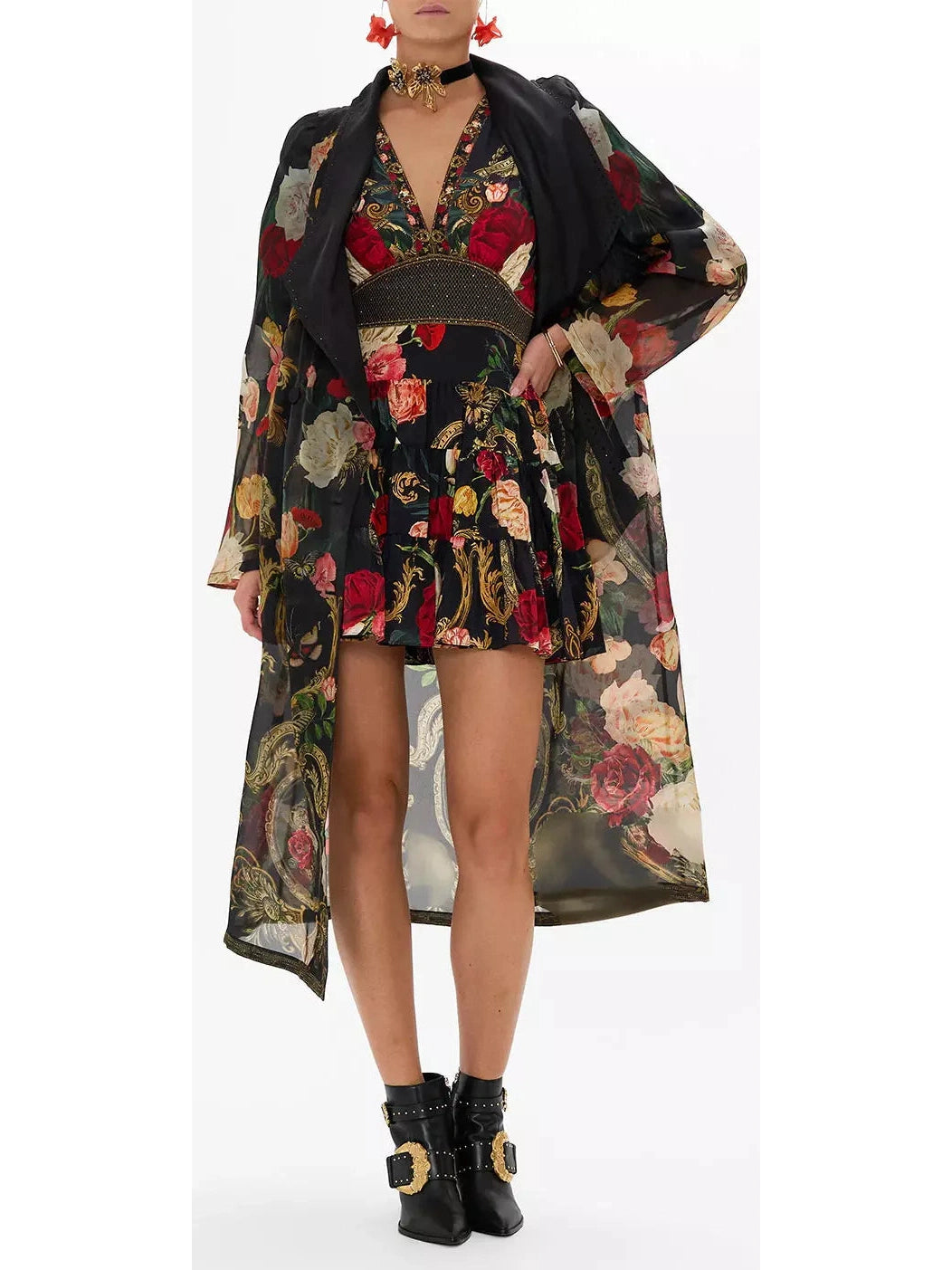 Floral Printed V-Neck Silk Mini Dress - Branna Couture