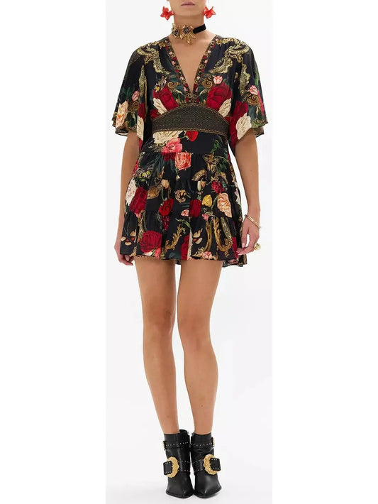 Floral Printed V-Neck Silk Mini Dress - Branna Couture