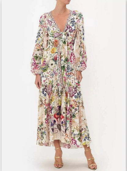 Floral Printed Wrap Tie Silk Dress with Blouson Sleeves - Branna Couture