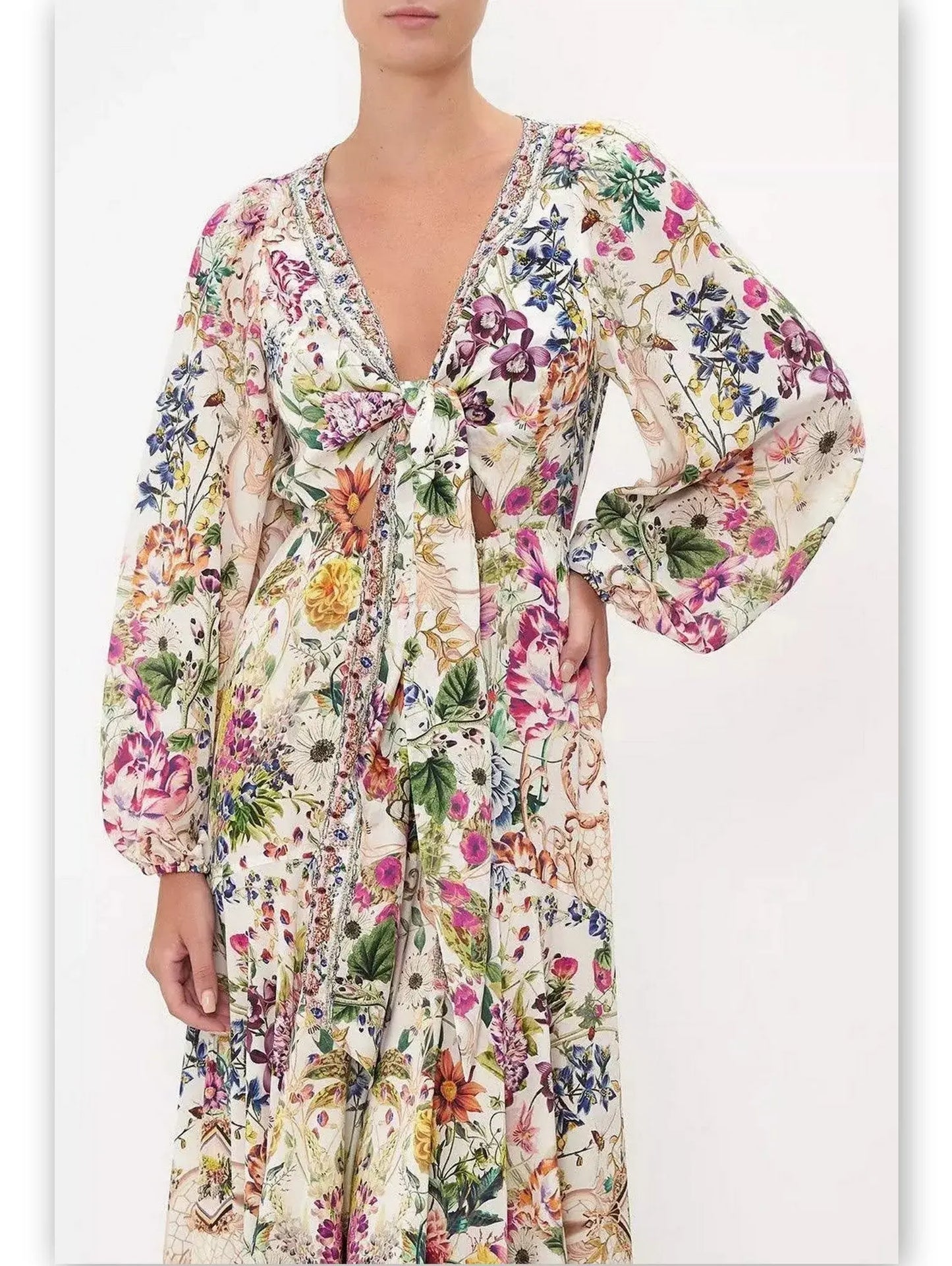 Floral Printed Wrap Tie Silk Dress with Blouson Sleeves - Branna Couture