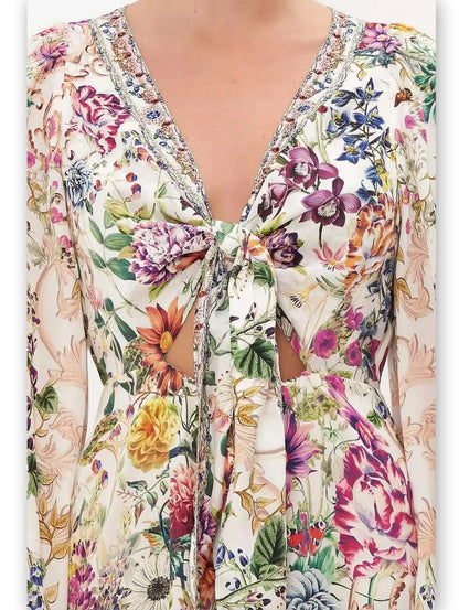 Floral Printed Wrap Tie Silk Dress with Blouson Sleeves - Branna Couture