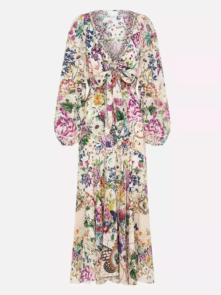 Floral Printed Wrap Tie Silk Dress with Blouson Sleeves - Branna Couture