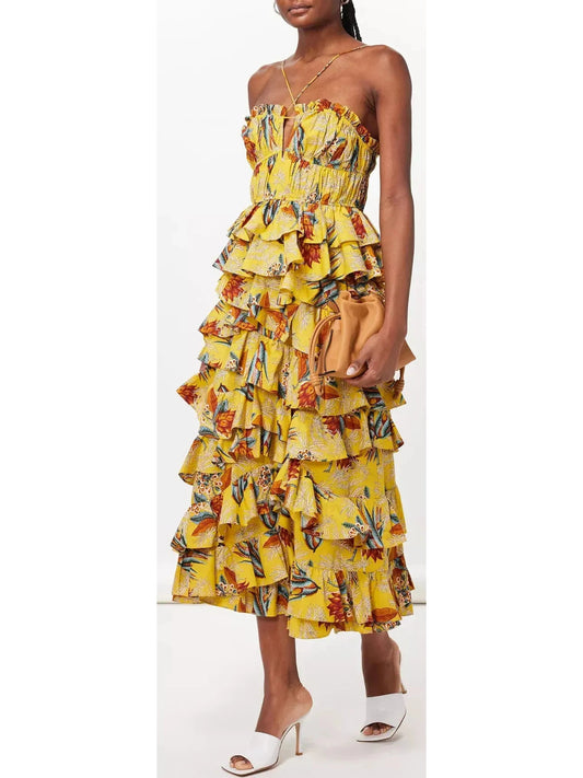 Floral Printed Yellow Ruffle Tiered Midi Dress - Branna Couture