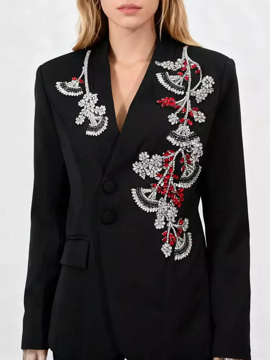 Floral-Rhinestone-Embellished Blazer - Jackets
