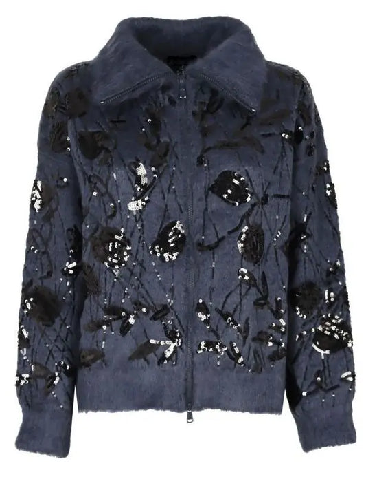 Floral Sequin Mohair and Wool Zip Cardigan Sweater - Branna Couture