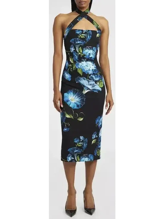 Floral Silk Crossover-Strap Charmeuse Dress - Branna Couture