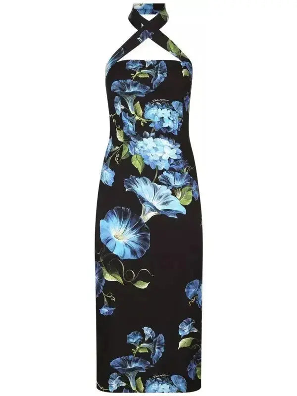 Floral Silk Crossover-Strap Charmeuse Dress - Branna Couture