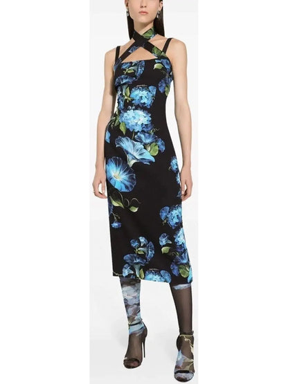 Floral Silk Crossover-Strap Charmeuse Dress - Branna Couture