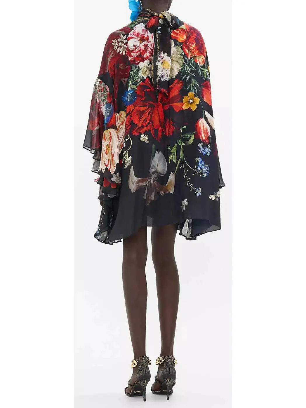 Floral Silk High Neck Ruffle Swing Dress - Branna Couture