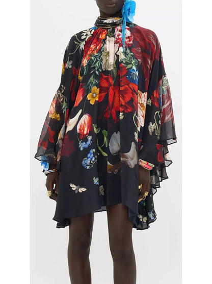 Floral Silk High Neck Ruffle Swing Dress - Branna Couture