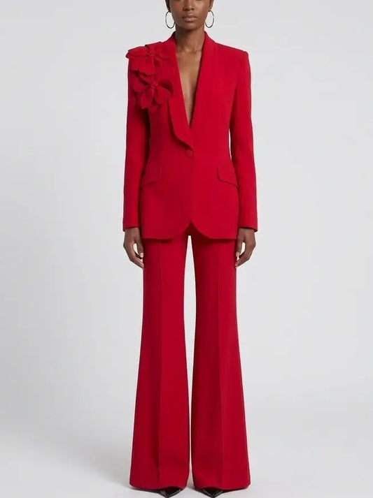 Floral Appliqué Blazer and Flared Pant Suit in Red - S - Suits & Sets