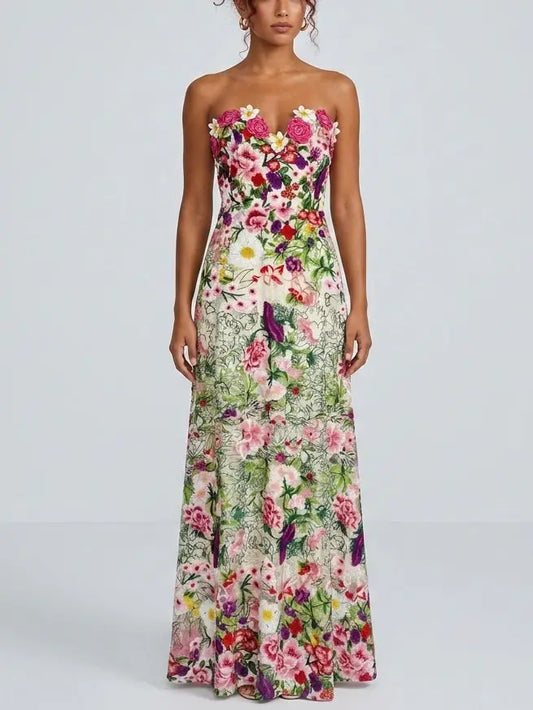 Floral Appliqué Embroidered Strapless Maxi Dress - S - Dresses