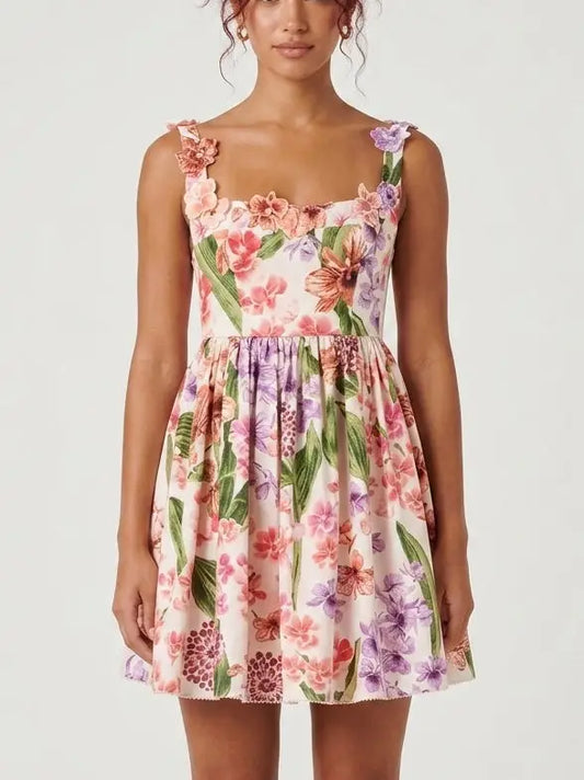 Floral Appliqué Print Fit and Flare Mini Dress - S - Dresses
